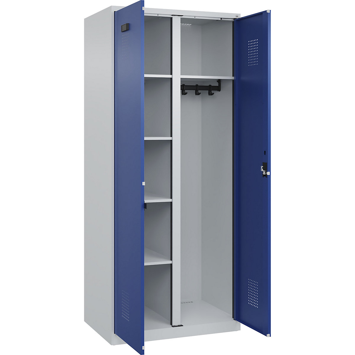 Dulap pentru materiale de curățenie Evolo PLUS, 1 modul, perete despărțitor central, gri deschis / albastru gențiană, lăț. 800 mm, cu glisoare pentru podea, încuietoare cilindrică-0