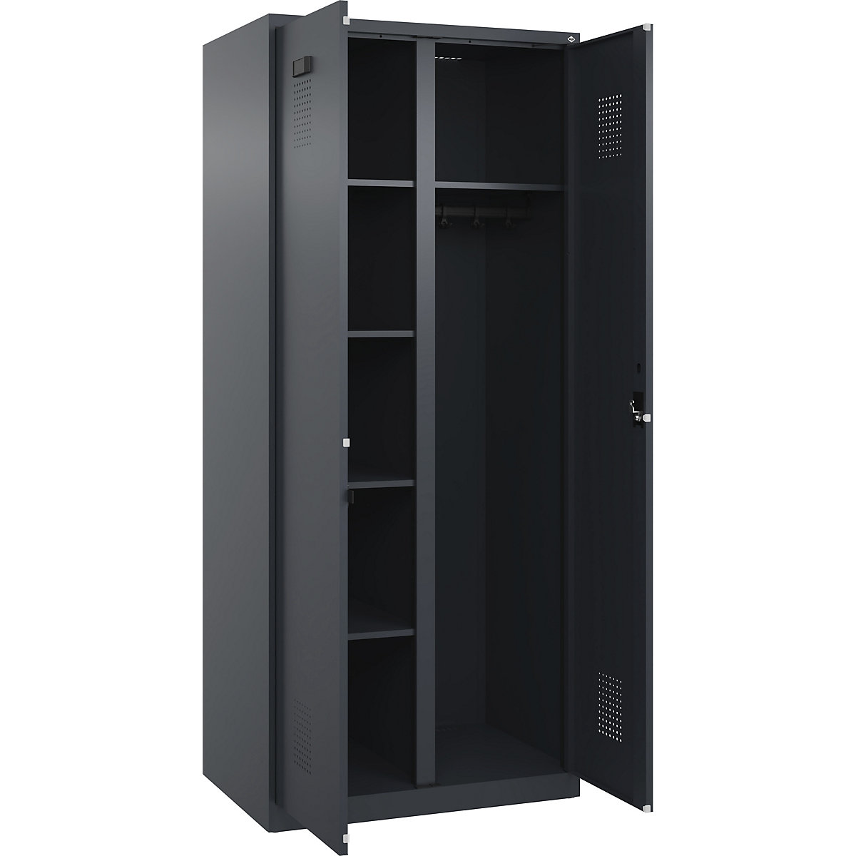 Dulap pentru materiale de curățenie Evolo PLUS, 1 modul, perete despărțitor central, gri, lăț. 800 mm, cu glisoare pentru podea, încuietoare cilindrică-0