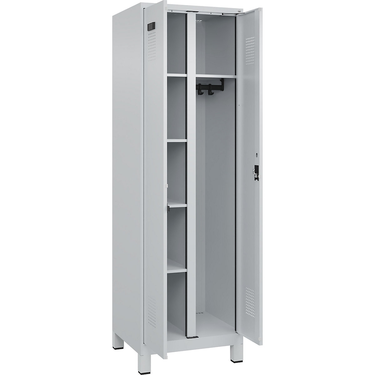 Dulap pentru materiale de curățenie Evolo PLUS, 1 modul, perete despărțitor central, gri deschis, lăț. 600 mm, cu picioare late, încuietoare cilindrică-0