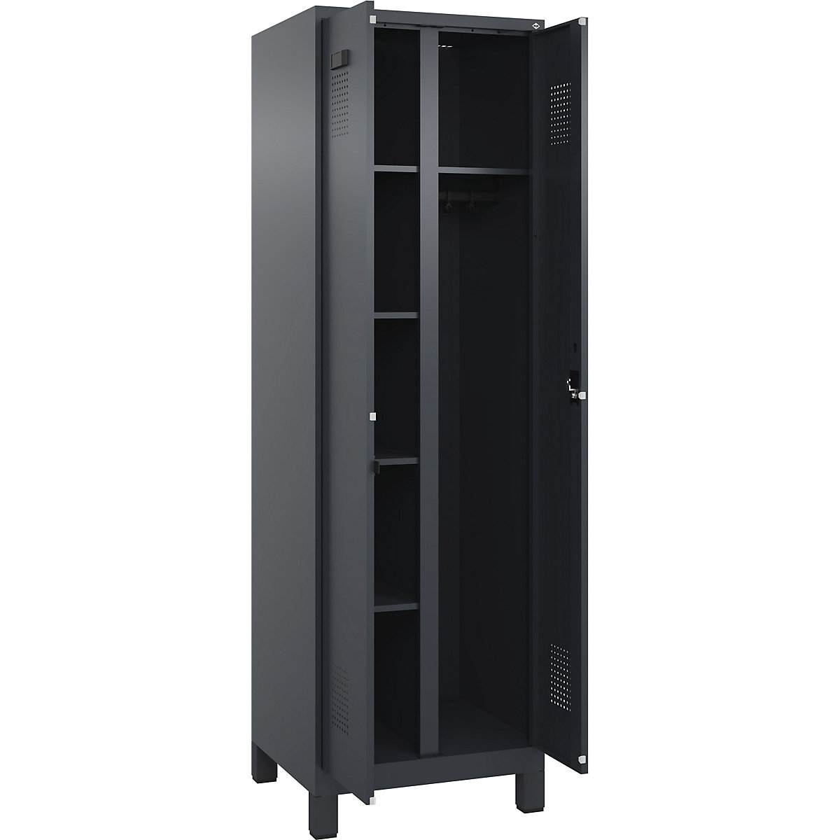 Dulap pentru materiale de curățenie Evolo PLUS, 1 modul, perete despărțitor central, gri, lăț. 600 mm, cu picioare late, încuietoare cilindrică-0