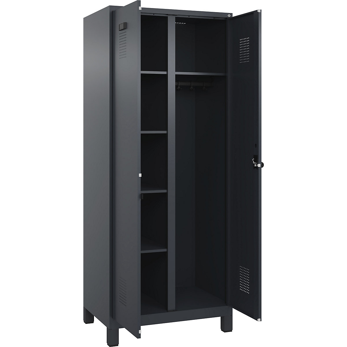 Dulap pentru materiale de curățenie Evolo PLUS, 1 modul, perete despărțitor central, gri, lăț. 800 mm, cu picioare late, zăvor rotativ de siguranță-0