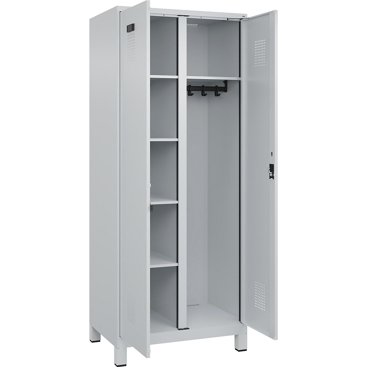 Dulap pentru materiale de curățenie Evolo PLUS, 1 modul, perete despărțitor central, gri deschis, lăț. 800 mm, cu picioare late, încuietoare cilindrică-0