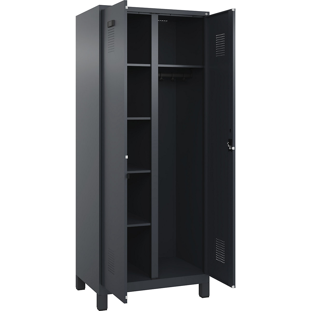 Dulap pentru materiale de curățenie Evolo PLUS, 1 modul, perete despărțitor central, gri, lăț. 800 mm, cu picioare late, încuietoare cilindrică-0