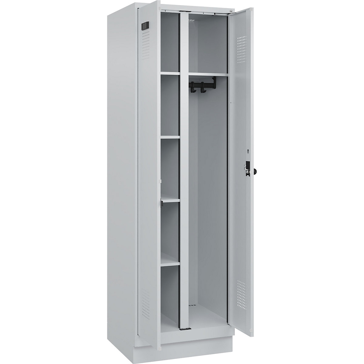 Dulap pentru materiale de curățenie Evolo PLUS, 1 modul, perete despărțitor central, gri deschis, lăț. 600 mm, cu soclu, zăvor rotativ de siguranță-0
