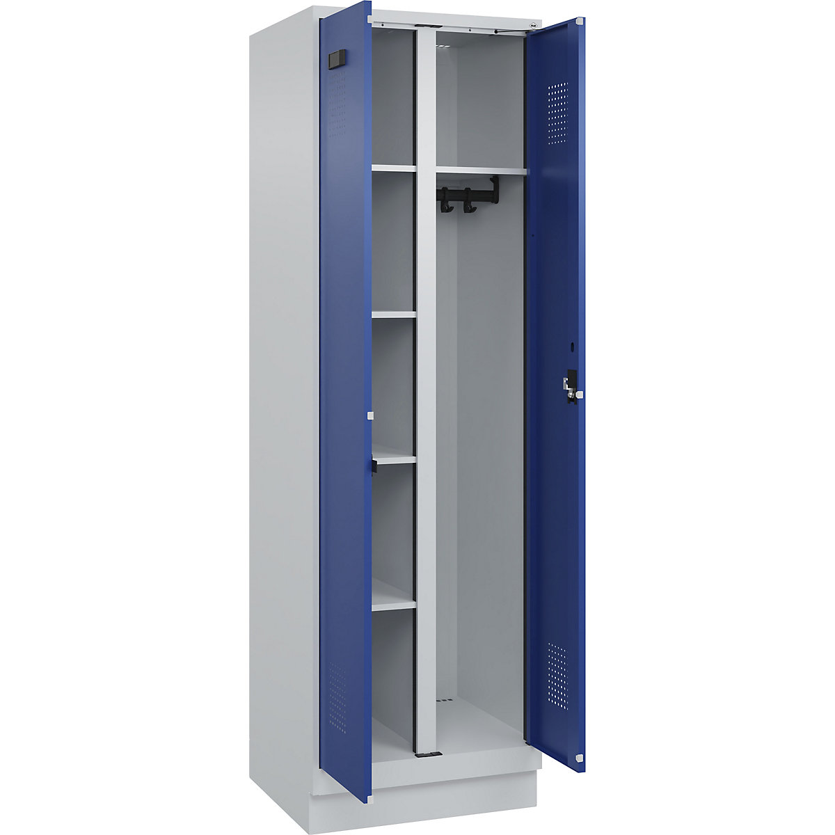 Dulap pentru materiale de curățenie Evolo PLUS, 1 modul, perete despărțitor central, gri deschis / albastru gențiană, lăț. 600 mm, cu soclu, încuietoare cilindrică-0