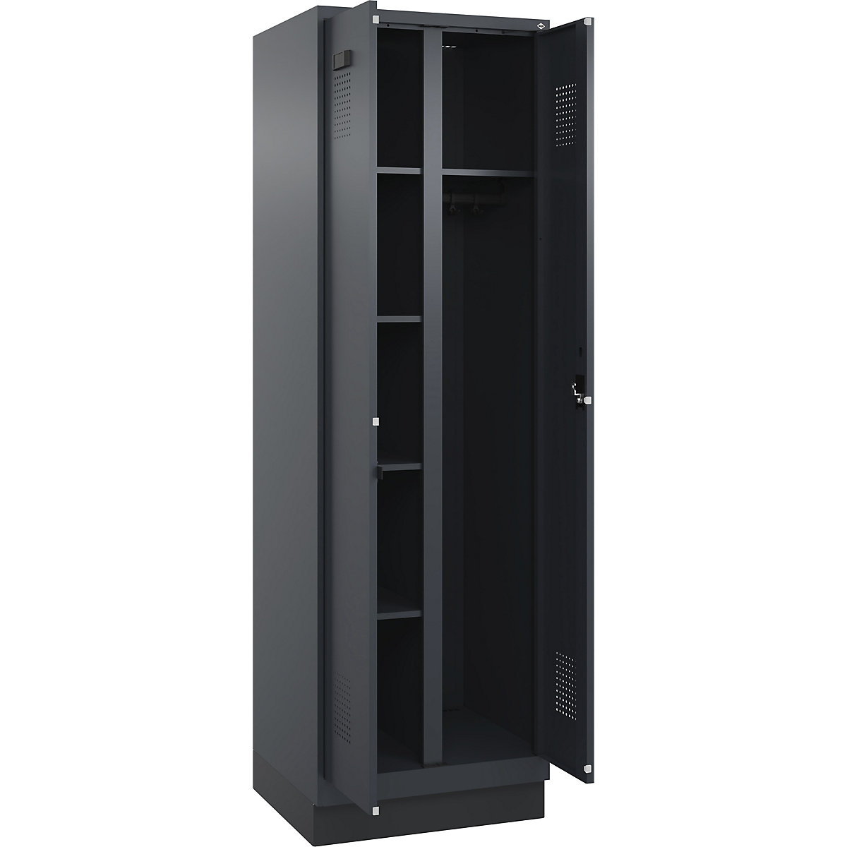 Dulap pentru materiale de curățenie Evolo PLUS, 1 modul, perete despărțitor central, gri, lăț. 600 mm, cu soclu, încuietoare cilindrică-0