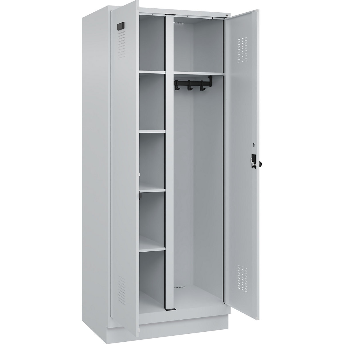 Dulap pentru materiale de curățenie Evolo PLUS, 1 modul, perete despărțitor central, gri deschis, lăț. 800 mm, cu soclu, zăvor rotativ de siguranță-0