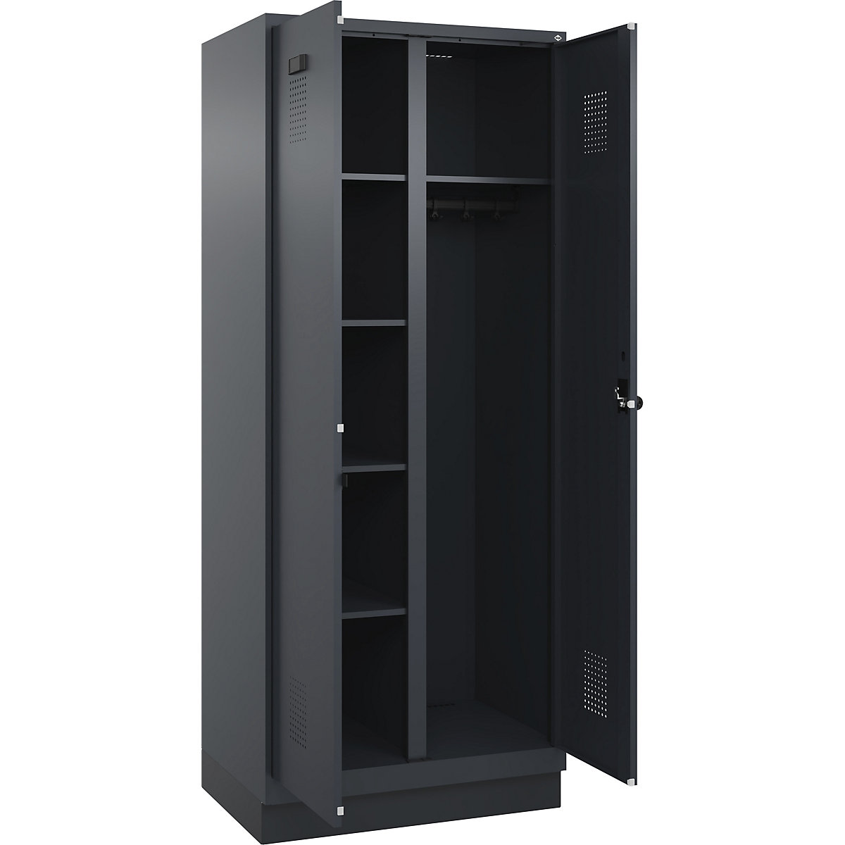 Dulap pentru materiale de curățenie Evolo PLUS, 1 modul, perete despărțitor central, gri, lăț. 800 mm, cu soclu, zăvor rotativ de siguranță-0