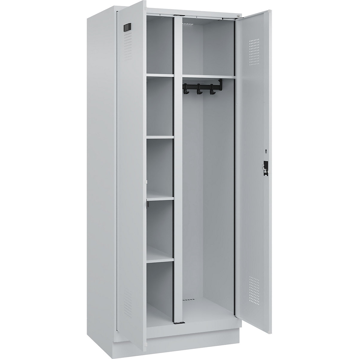 Dulap pentru materiale de curățenie Evolo PLUS, 1 modul, perete despărțitor central, gri deschis, lăț. 800 mm, cu soclu, încuietoare cilindrică-0