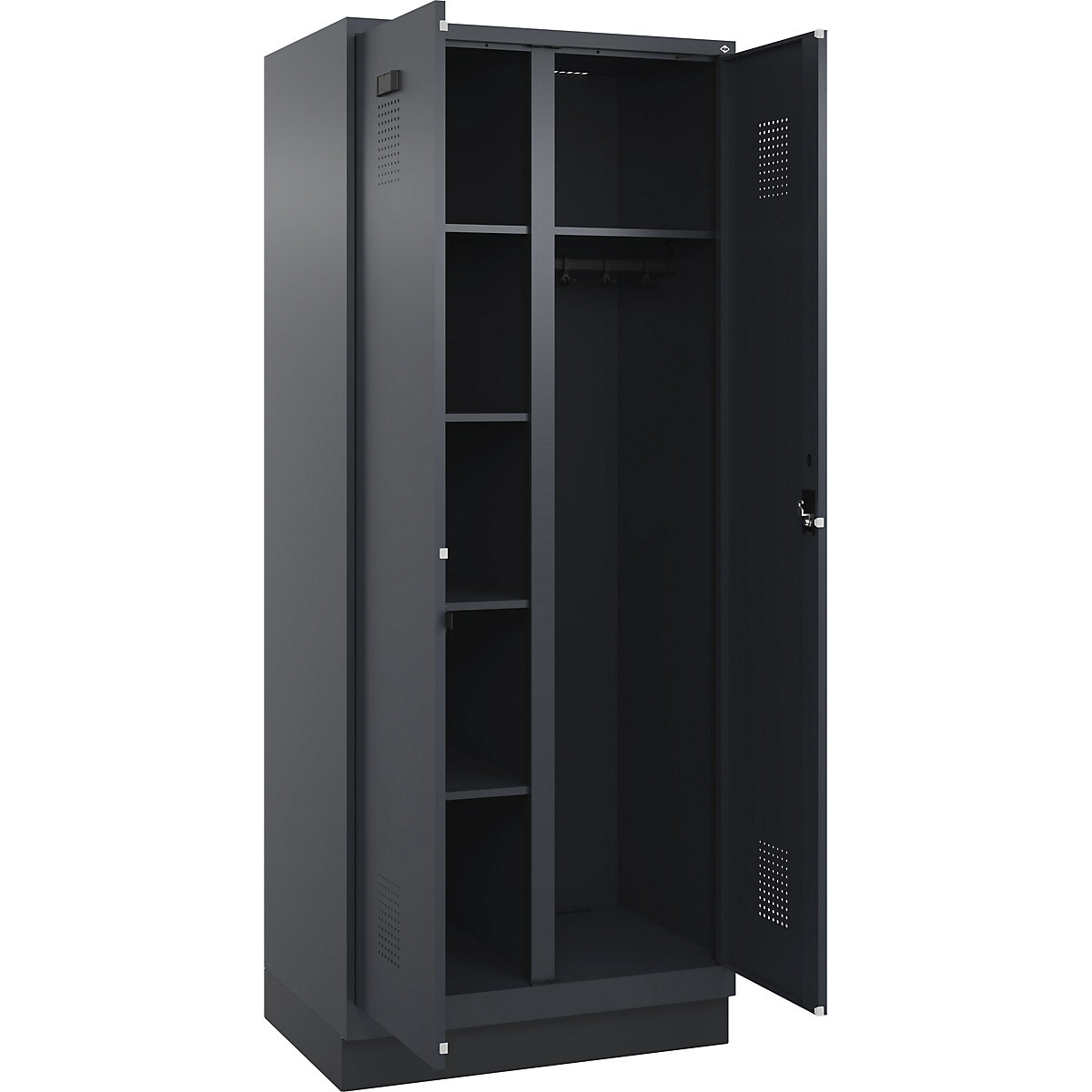 Dulap pentru materiale de curățenie Evolo PLUS, 1 modul, perete despărțitor central, gri, lăț. 800 mm, cu soclu, încuietoare cilindrică-0