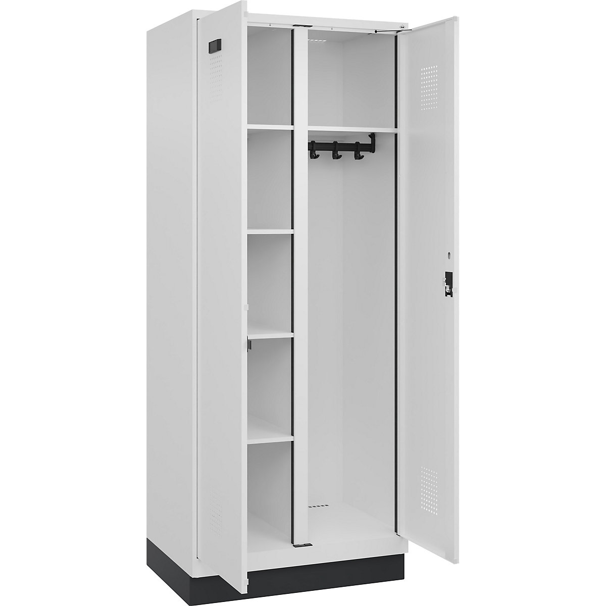 Dulap pentru materiale de curățenie Evolo PLUS, 1 modul, perete despărțitor central, alb, lăț. 800 mm, cu soclu, încuietoare cilindrică-0