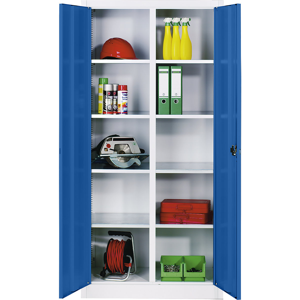 Dulap pentru materiale din tablă de oțel – C+P, 8 polițe, î. x lăț. x ad. 1950 x 1200 x 500 mm, ușă albastru gențiană, corp gri deschis-0
