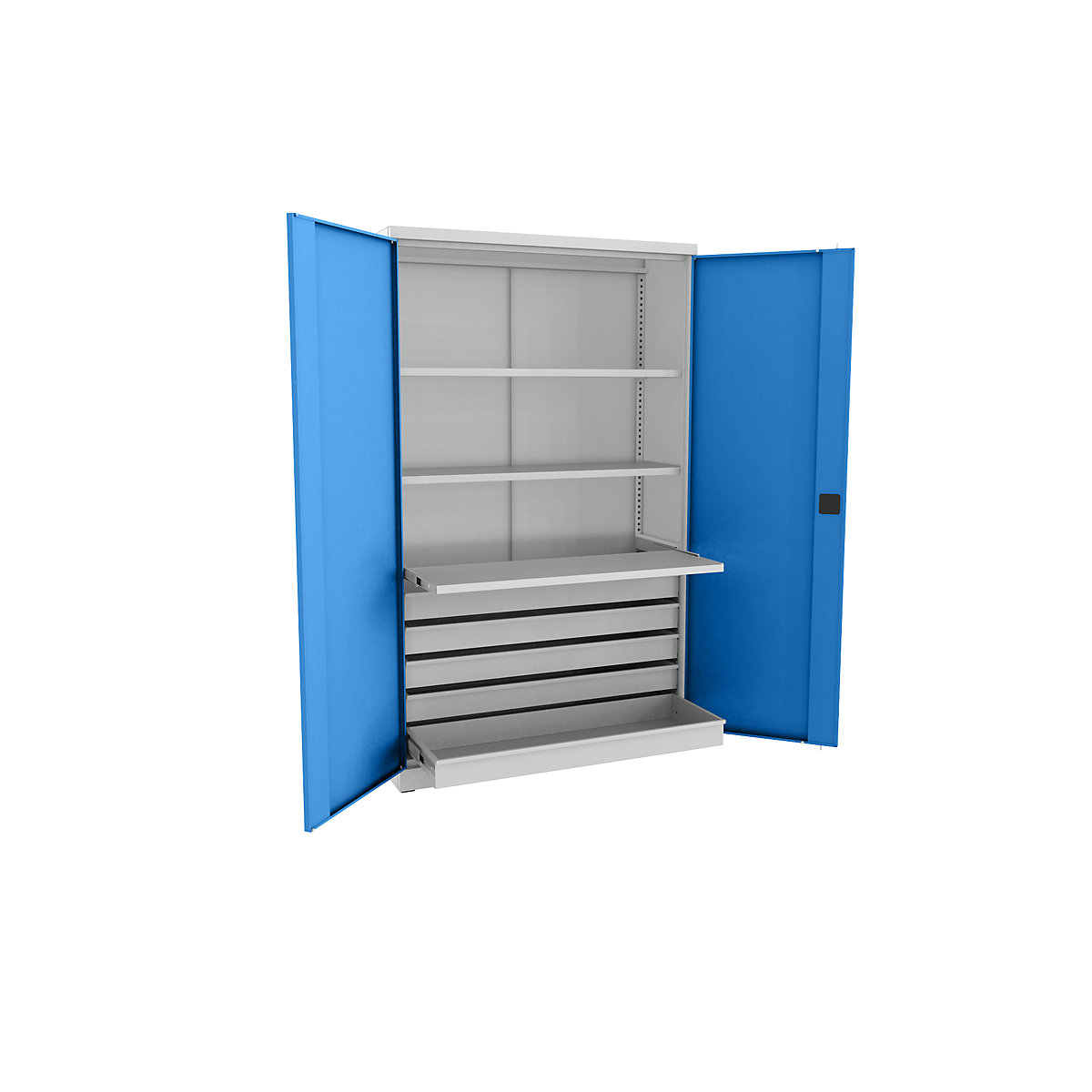 Dulap universal cu 5 sertare, 5 sertare, 2 polițe, 1 poliță modulară, gri deschis/albastru deschis-0