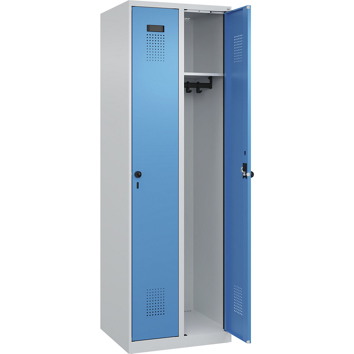 Vestiar Evolo PLUS – C+P, 2 module, gri deschis / albastru deschis, lăț. 600 mm, cu glisoare pentru podea, zăvor rotativ-0