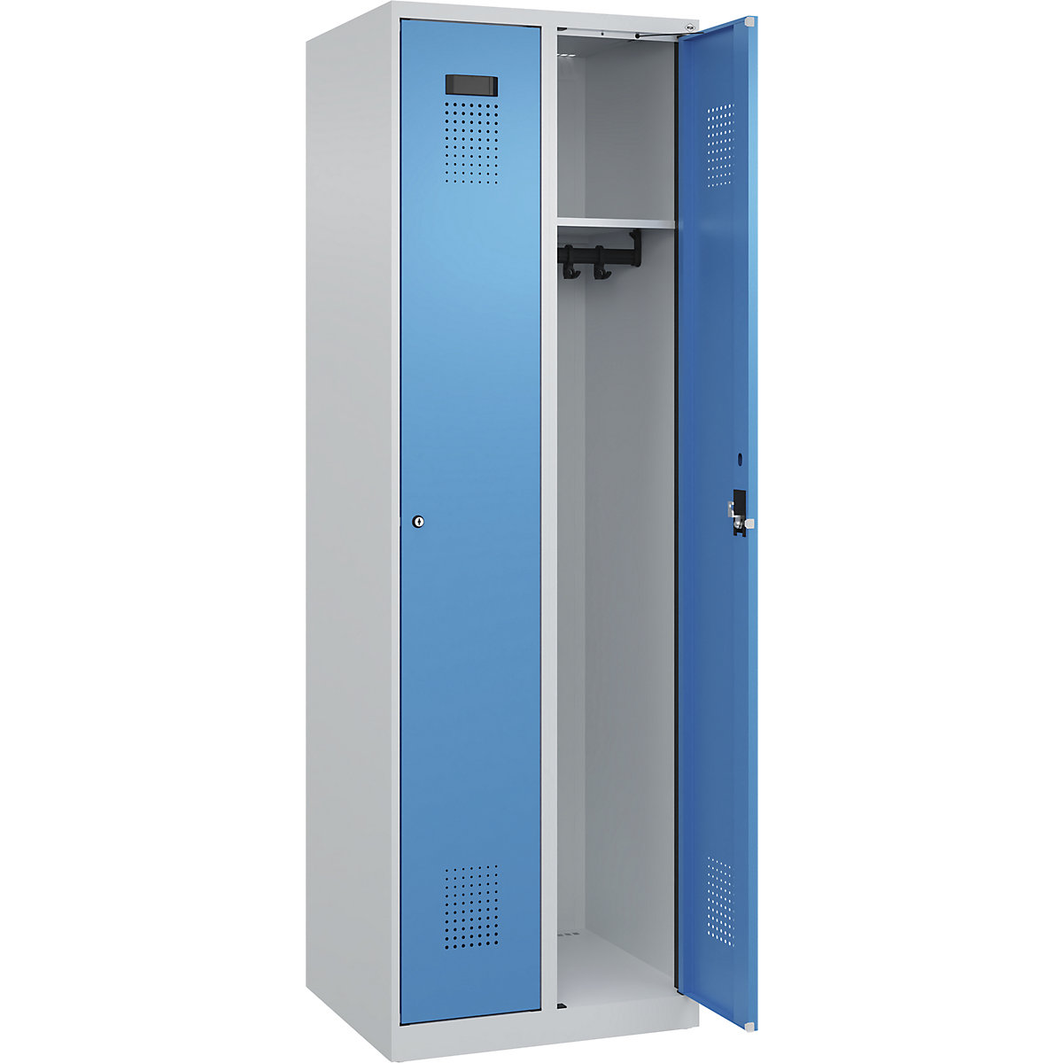 Vestiar Evolo PLUS – C+P, 2 module, gri deschis / albastru deschis, lăț. 600 mm, cu glisoare pentru podea, încuietoare cilindrică-0