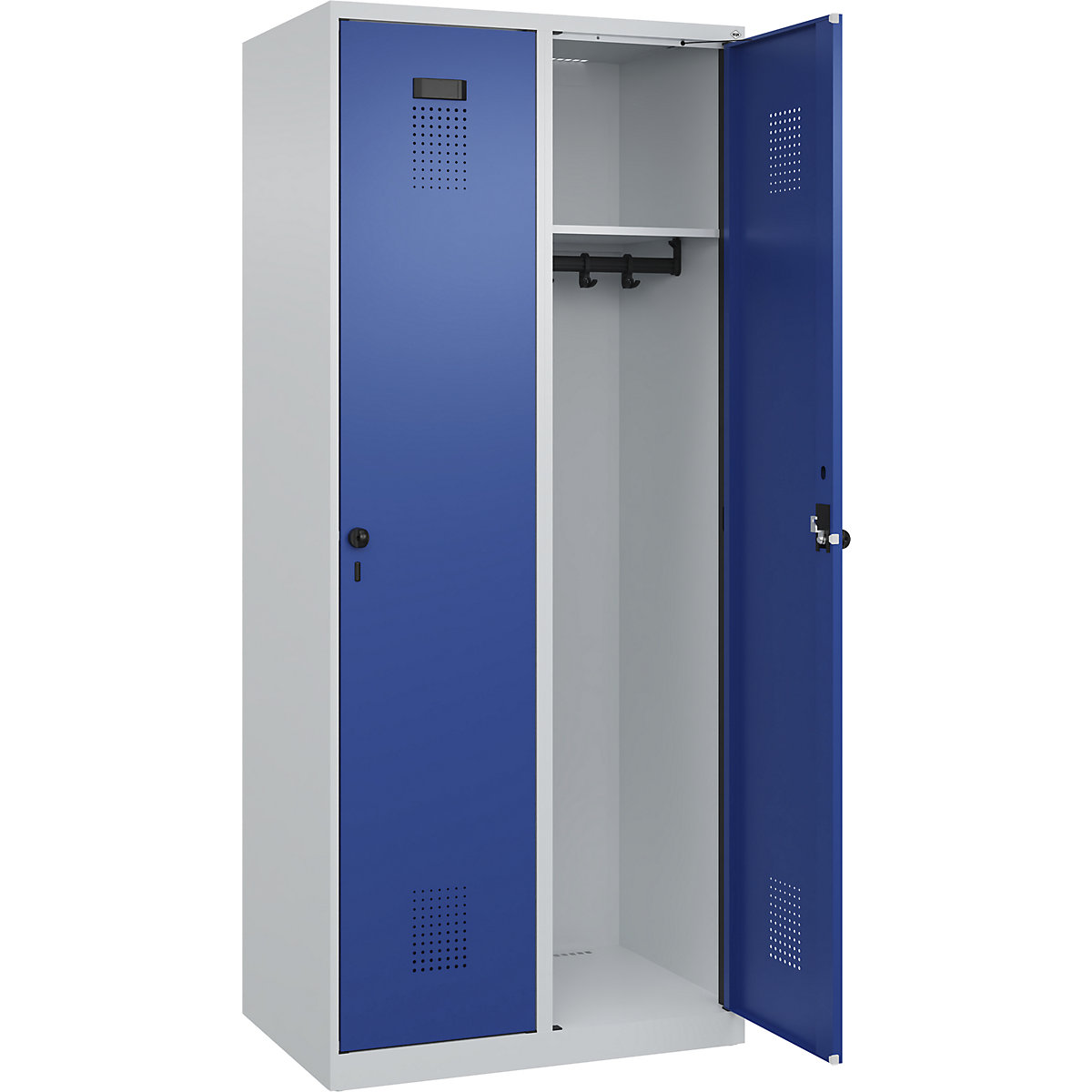Vestiar Evolo PLUS – C+P, 2 module, gri deschis / albastru gențiană, lăț. 800 mm, cu glisoare pentru podea, zăvor rotativ-0