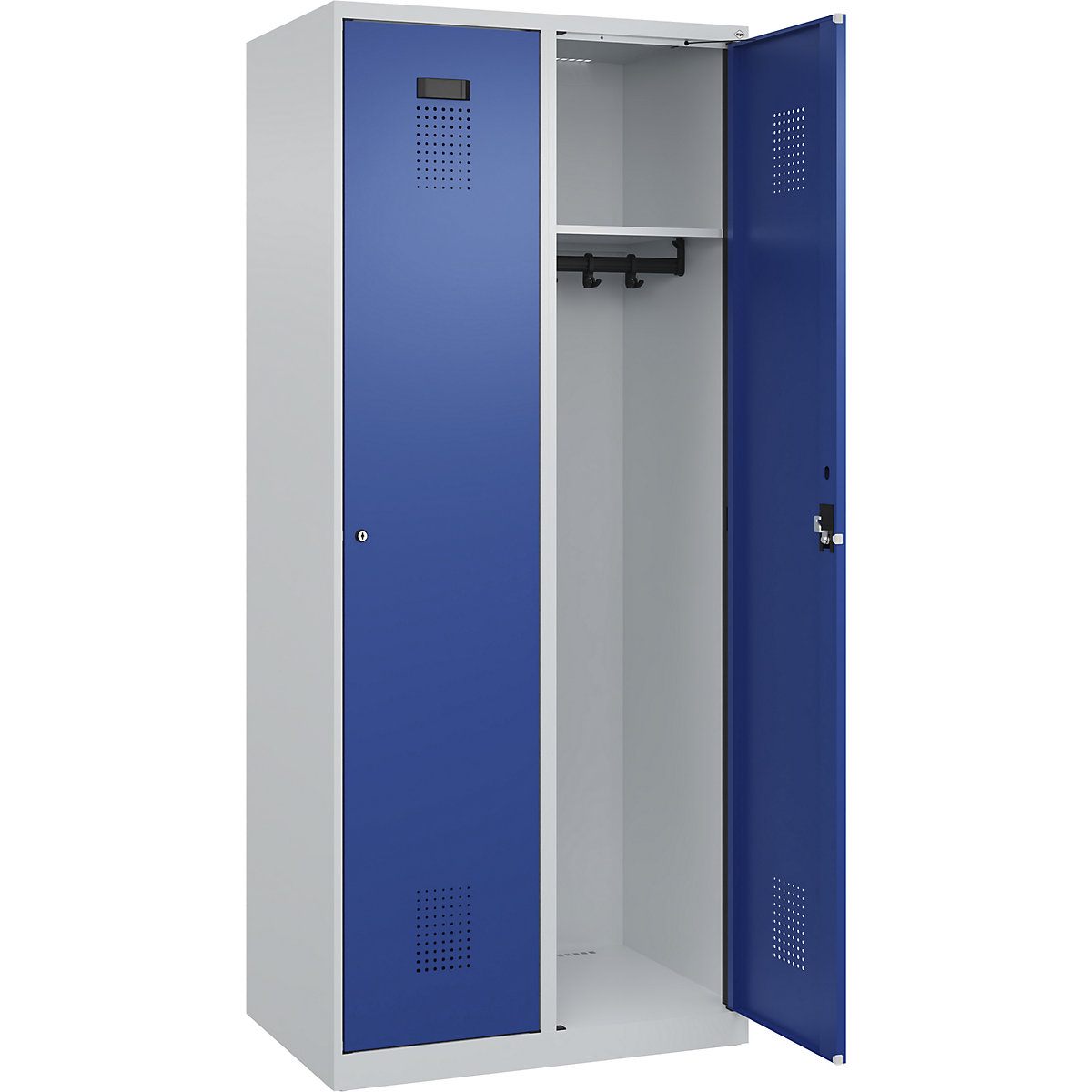 Vestiar Evolo PLUS – C+P, 2 module, gri deschis / albastru gențiană, lăț. 800 mm, cu glisoare pentru podea, încuietoare cilindrică-0