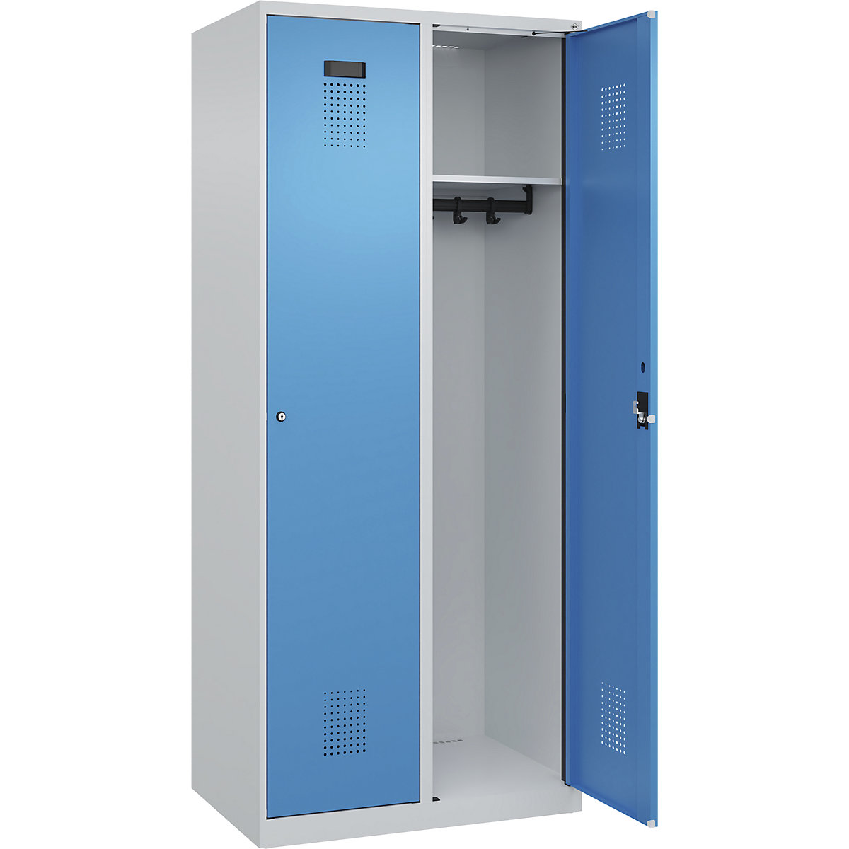 Vestiar Evolo PLUS – C+P, 2 module, gri deschis / albastru deschis, lăț. 800 mm, cu glisoare pentru podea, încuietoare cilindrică-0