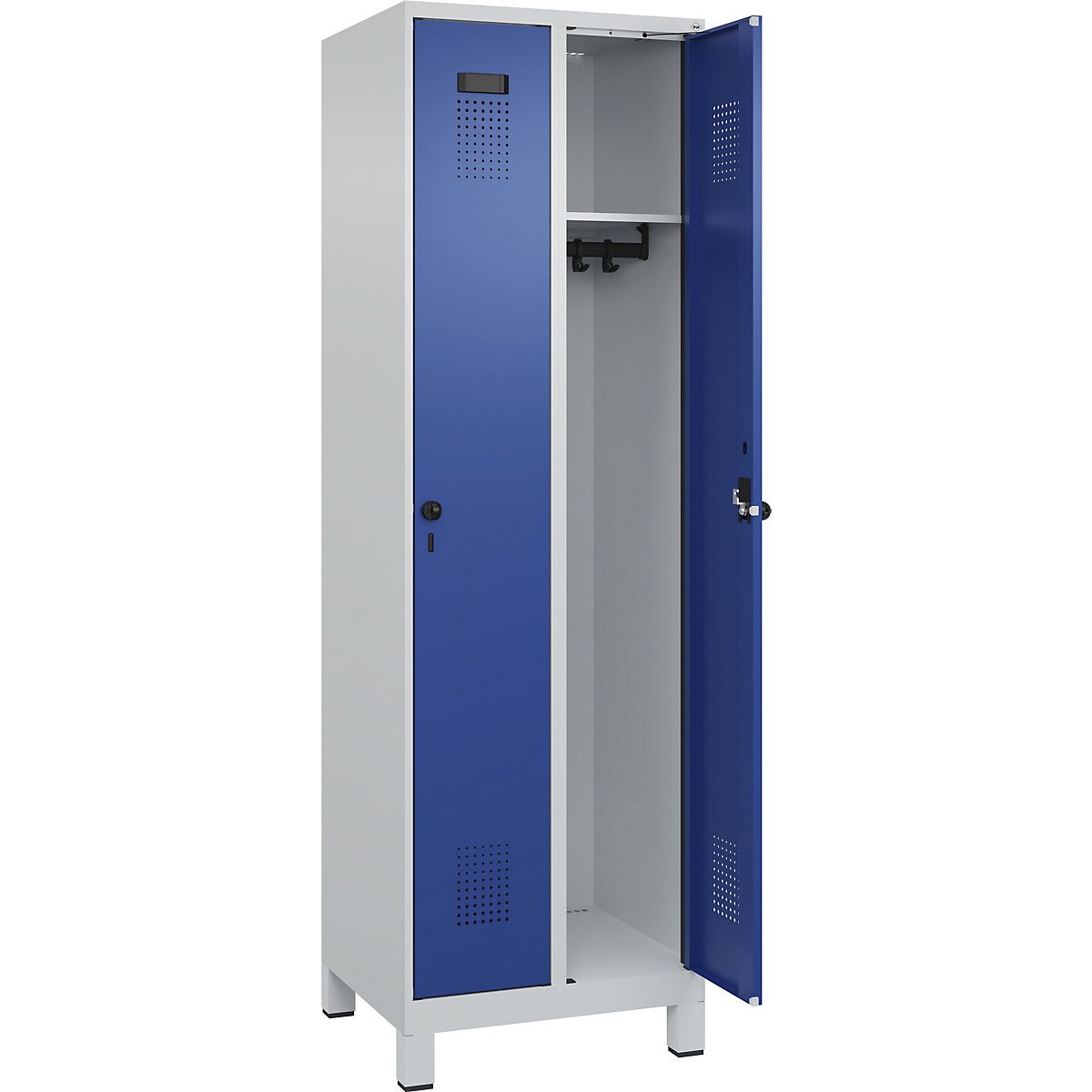 Vestiar Evolo PLUS – C+P, 2 module, gri deschis / albastru gențiană, lăț. 600 mm, cu picioare late, zăvor rotativ-0