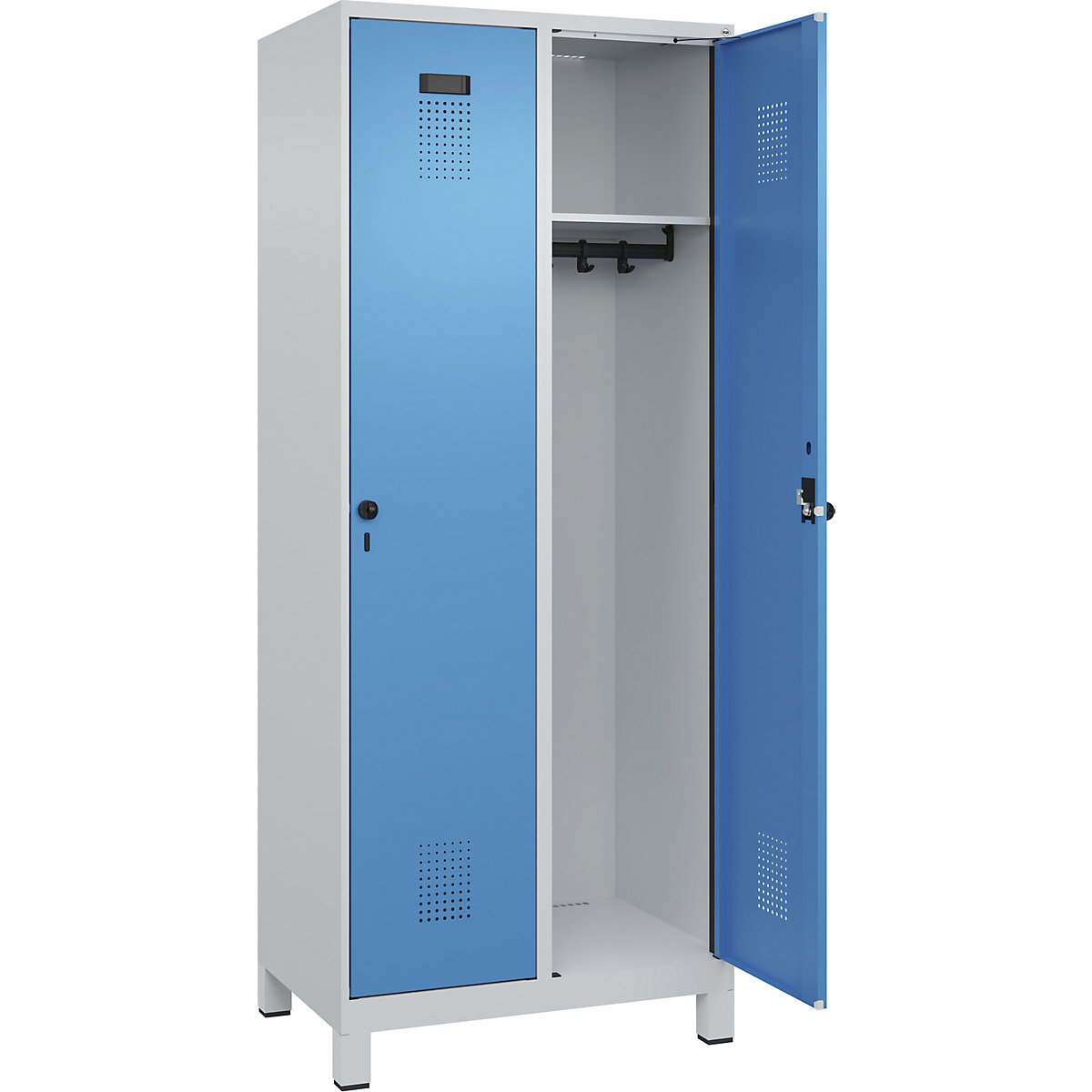 Vestiar Evolo PLUS – C+P, 2 module, gri deschis / albastru deschis, lăț. 800 mm, cu picioare late, zăvor rotativ-0