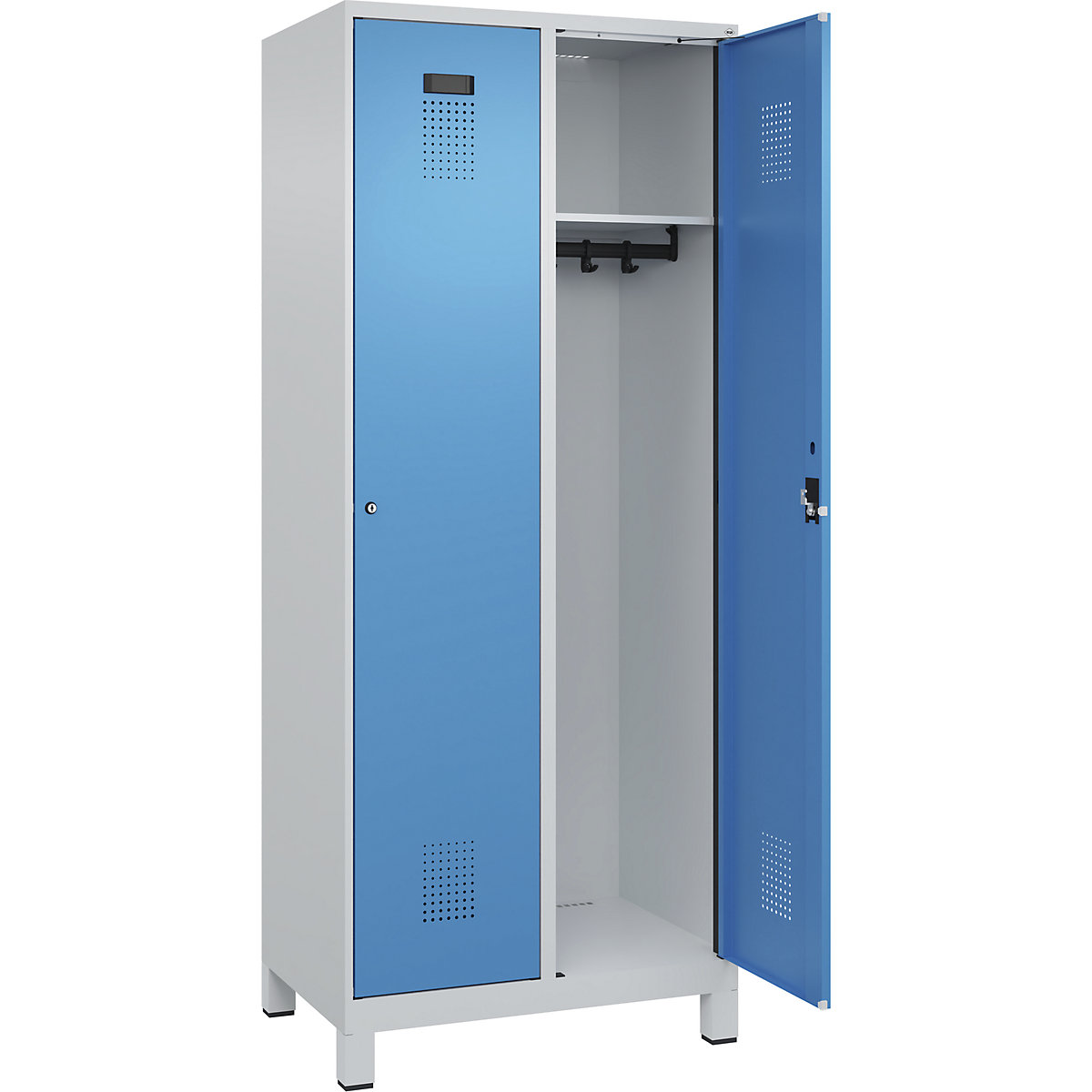 Vestiar Evolo PLUS – C+P, 2 module, gri deschis / albastru deschis, lăț. 800 mm, cu picioare late, încuietoare cilindrică-0