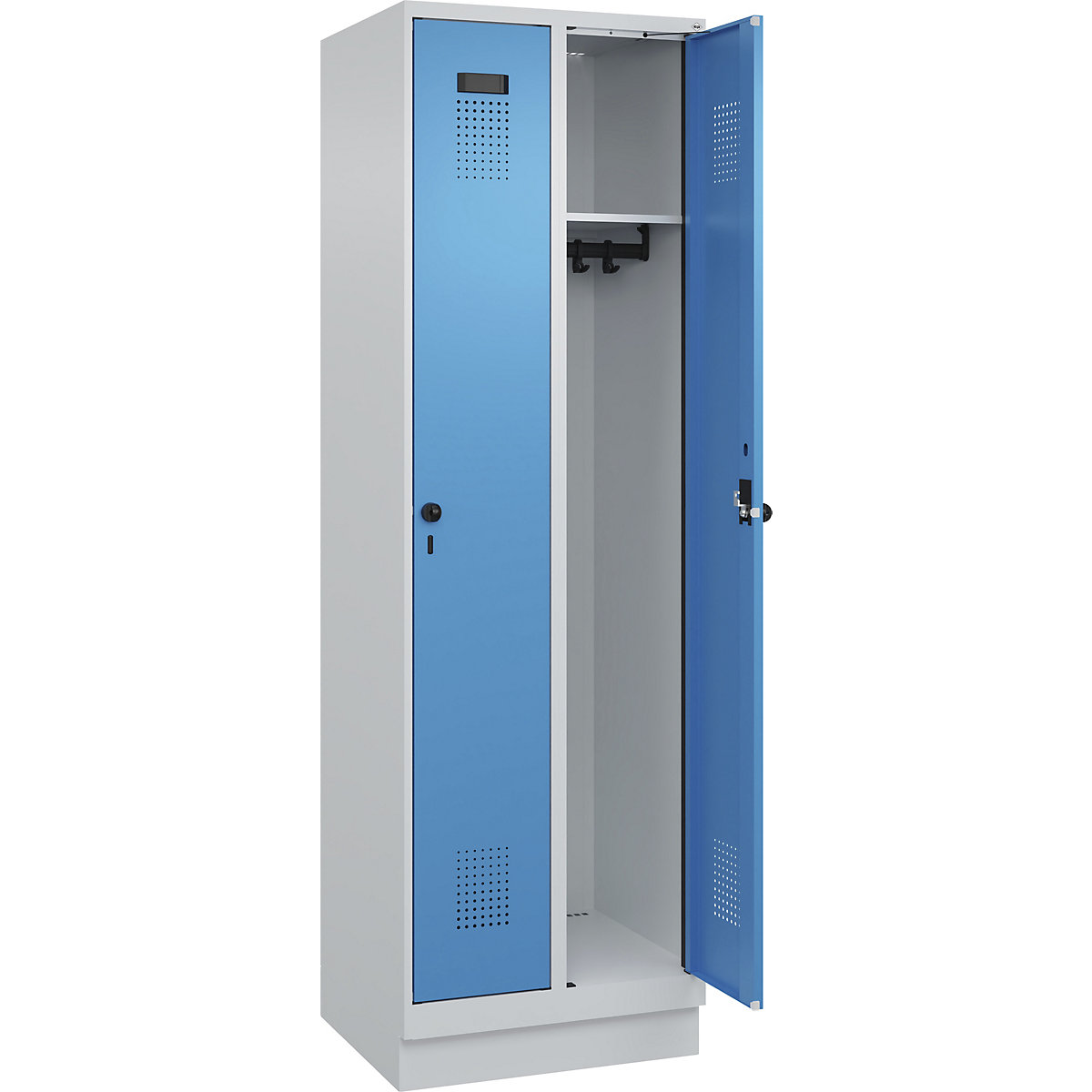 Vestiar Evolo PLUS – C+P, 2 module, gri deschis / albastru deschis, lăț. 600 mm, cu soclu, zăvor rotativ-0