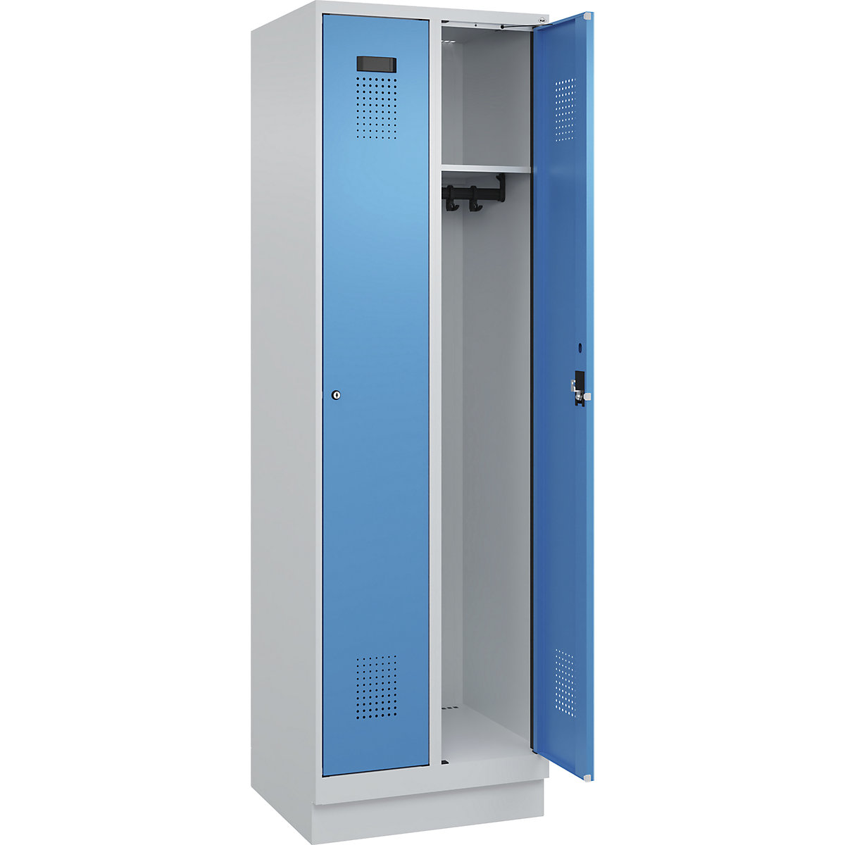Vestiar Evolo PLUS – C+P, 2 module, gri deschis / albastru deschis, lăț. 600 mm, cu soclu, încuietoare cilindrică-0