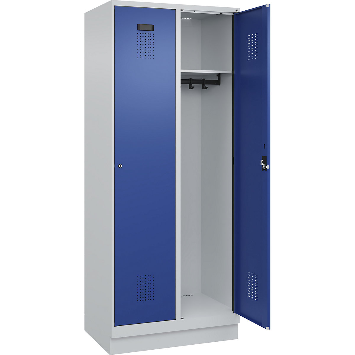 Vestiar Evolo PLUS – C+P, 2 module, gri deschis / albastru gențiană, lăț. 800 mm, cu soclu, încuietoare cilindrică-0