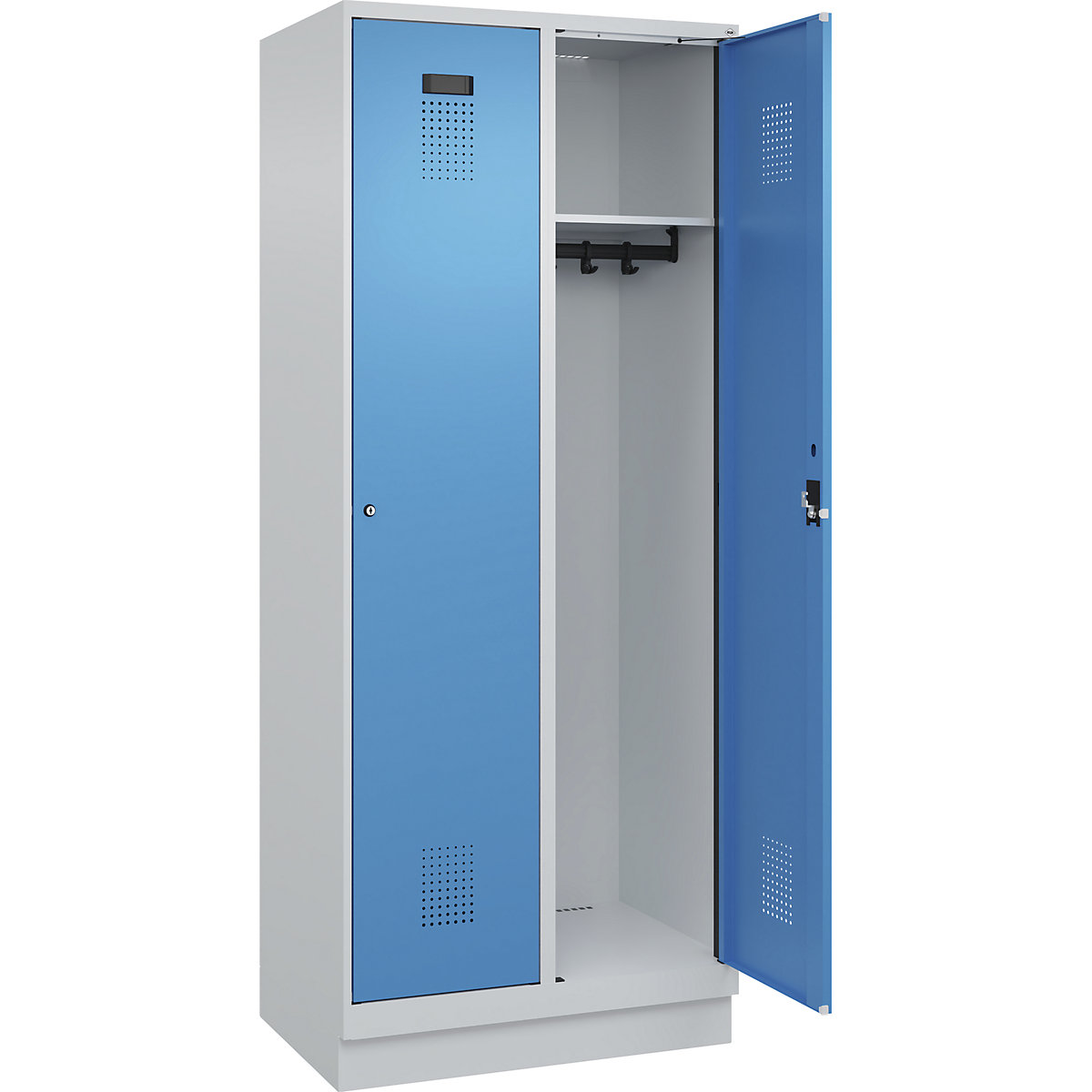 Vestiar Evolo PLUS – C+P, 2 module, gri deschis / albastru deschis, lăț. 800 mm, cu soclu, încuietoare cilindrică-0
