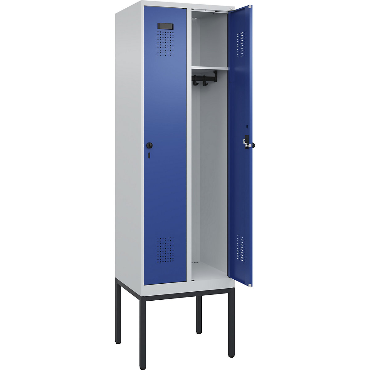 Vestiar Evolo PLUS – C+P, 2 module, gri deschis / albastru gențiană, lăț. 600 mm, cu picioare înguste, zăvor rotativ-0