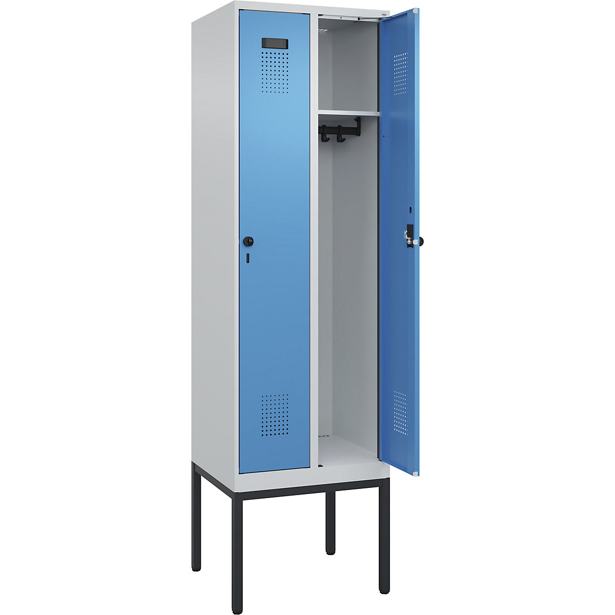 Vestiar Evolo PLUS – C+P, 2 module, gri deschis / albastru deschis, lăț. 600 mm, cu picioare înguste, zăvor rotativ-0