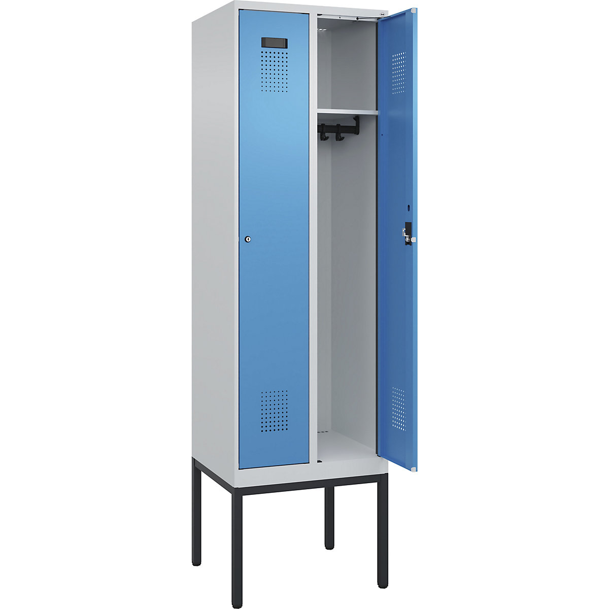 Vestiar Evolo PLUS – C+P, 2 module, gri deschis / albastru deschis, lăț. 600 mm, cu picioare înguste, încuietoare cilindrică-0