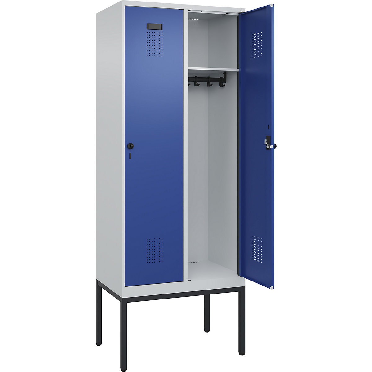 Vestiar Evolo PLUS – C+P, 2 module, gri deschis / albastru gențiană, lăț. 800 mm, cu picioare înguste, zăvor rotativ-0