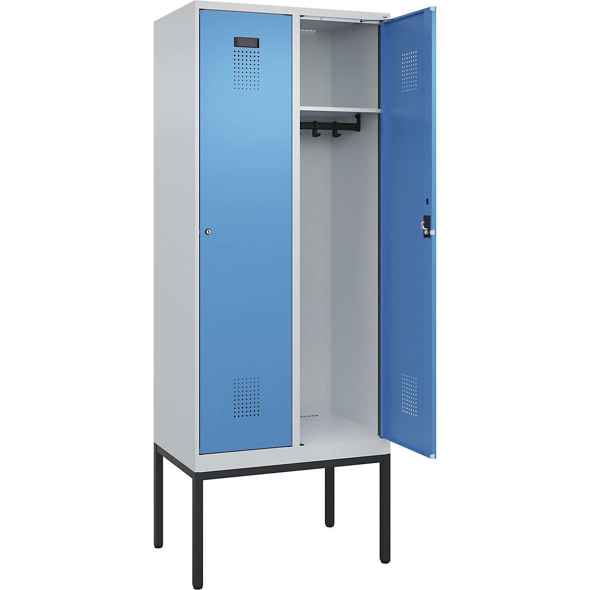 Vestiar Evolo PLUS – C+P, 2 module, gri deschis / albastru deschis, lăț. 800 mm, cu picioare înguste, încuietoare cilindrică-0