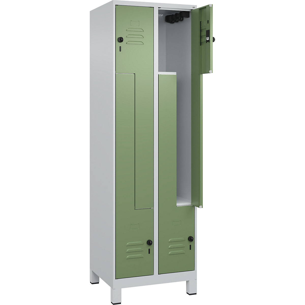 Vestiar Z Classic PLUS – C+P, 2 module, gri deschis / verde reseda, lăț. 600 mm, cu picioare, zăvor rotativ-0