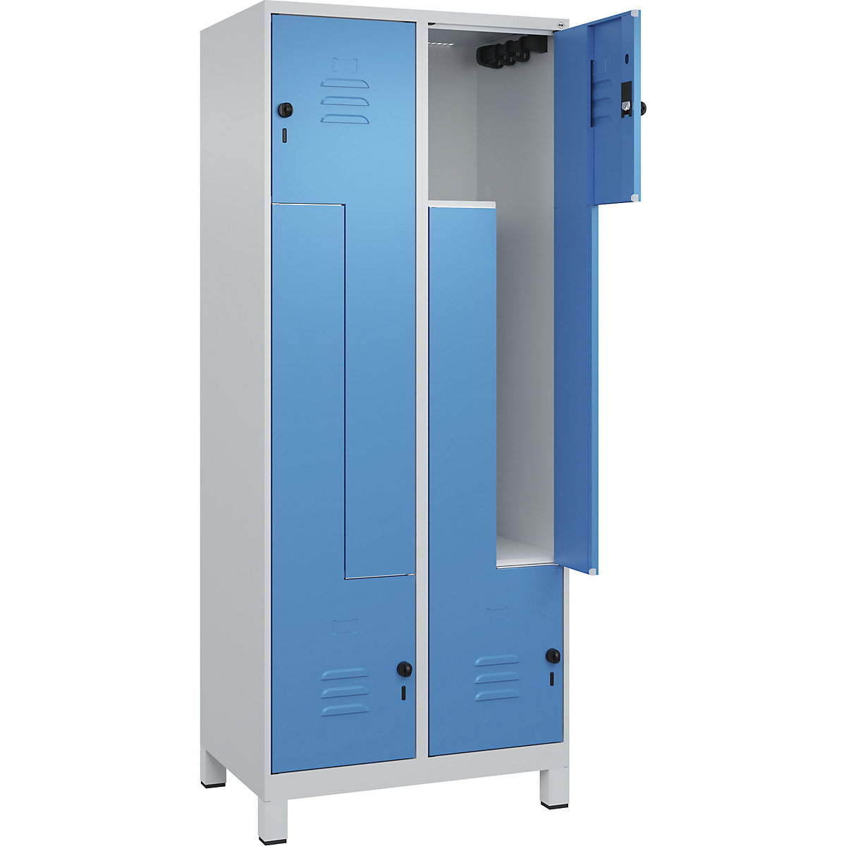 Vestiar Z Classic PLUS – C+P, 2 module, gri deschis / albastru deschis, lăț. 800 mm, cu picioare, zăvor rotativ-0