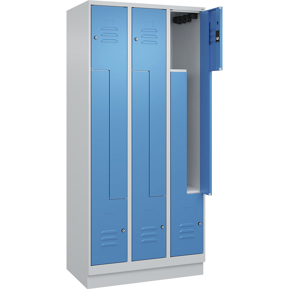 Vestiar Z Classic PLUS – C+P, 3 module, gri deschis / albastru deschis, lăț. 900 mm, cu soclu, încuietoare cilindrică-0