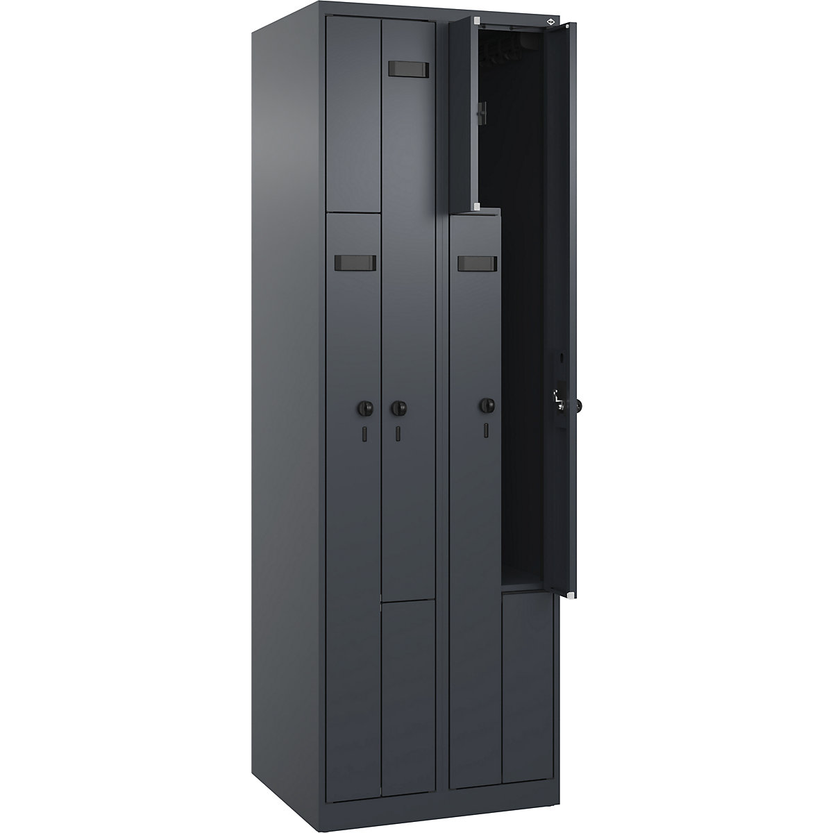 Vestiar Z Evolo PLUS, 2 module, gri, lăț. 600 mm, 4 compartimente, cu glisoare pentru podea, zăvor rotativ de siguranță-0