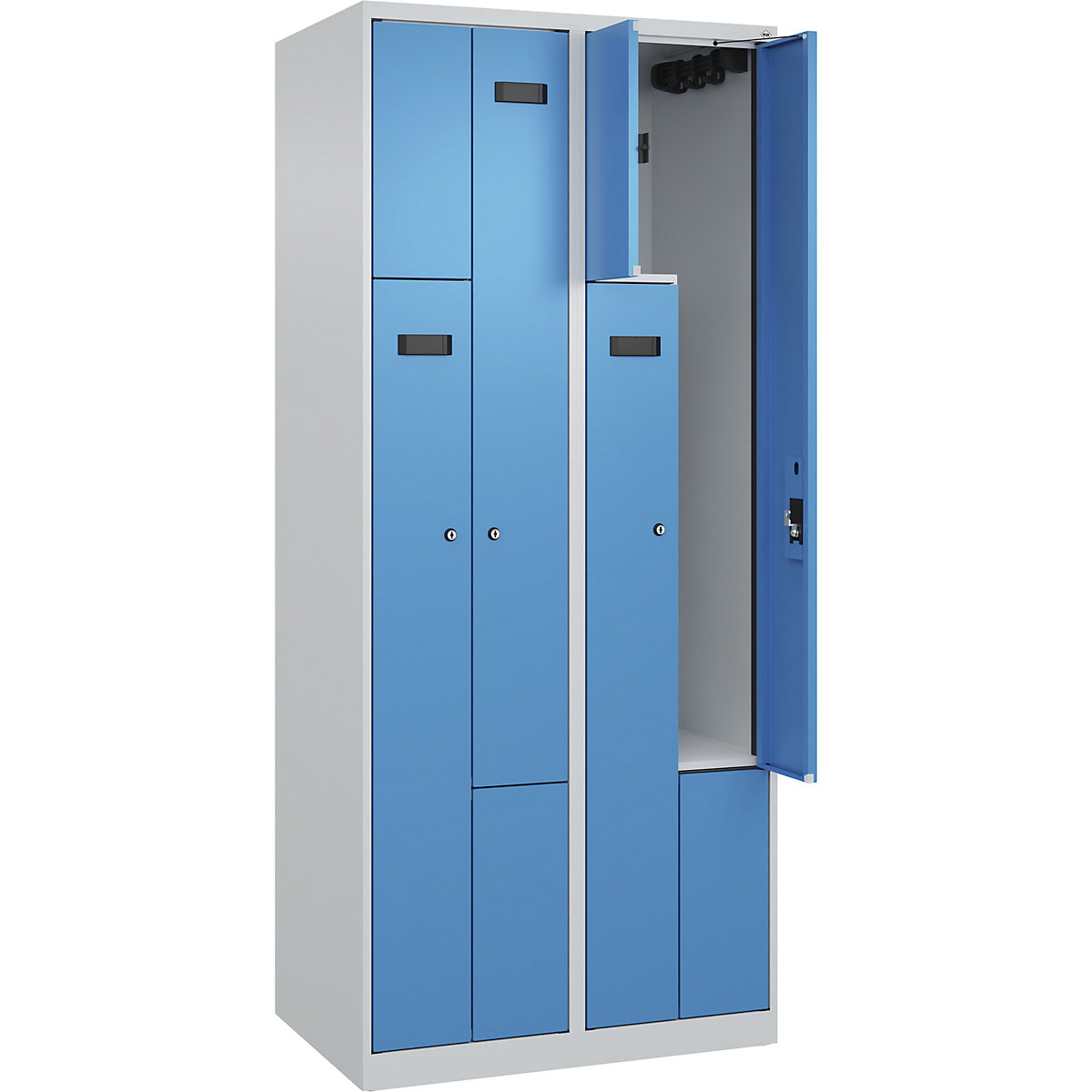 Vestiar Z Evolo PLUS, 2 module, gri deschis / albastru deschis, lăț. 800 mm, 4 compartimente, cu glisoare pentru podea, încuietoare cilindrică-0