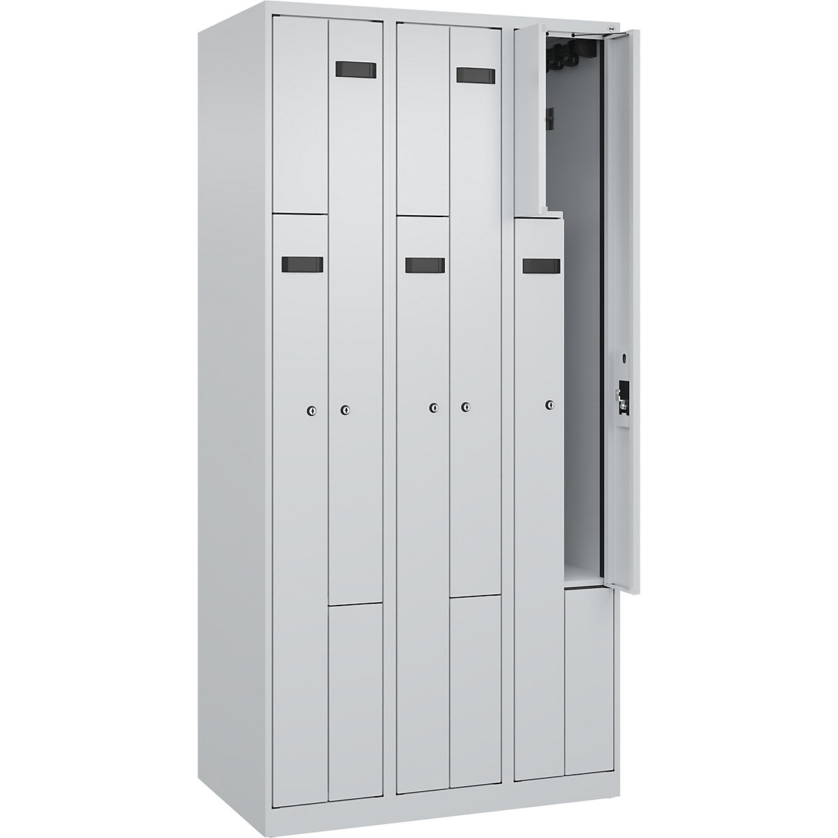 Vestiar Z Evolo PLUS, 3 module, gri deschis, lăț. 900 mm, 6 compartimente, cu glisoare pentru podea, încuietoare cilindrică-0