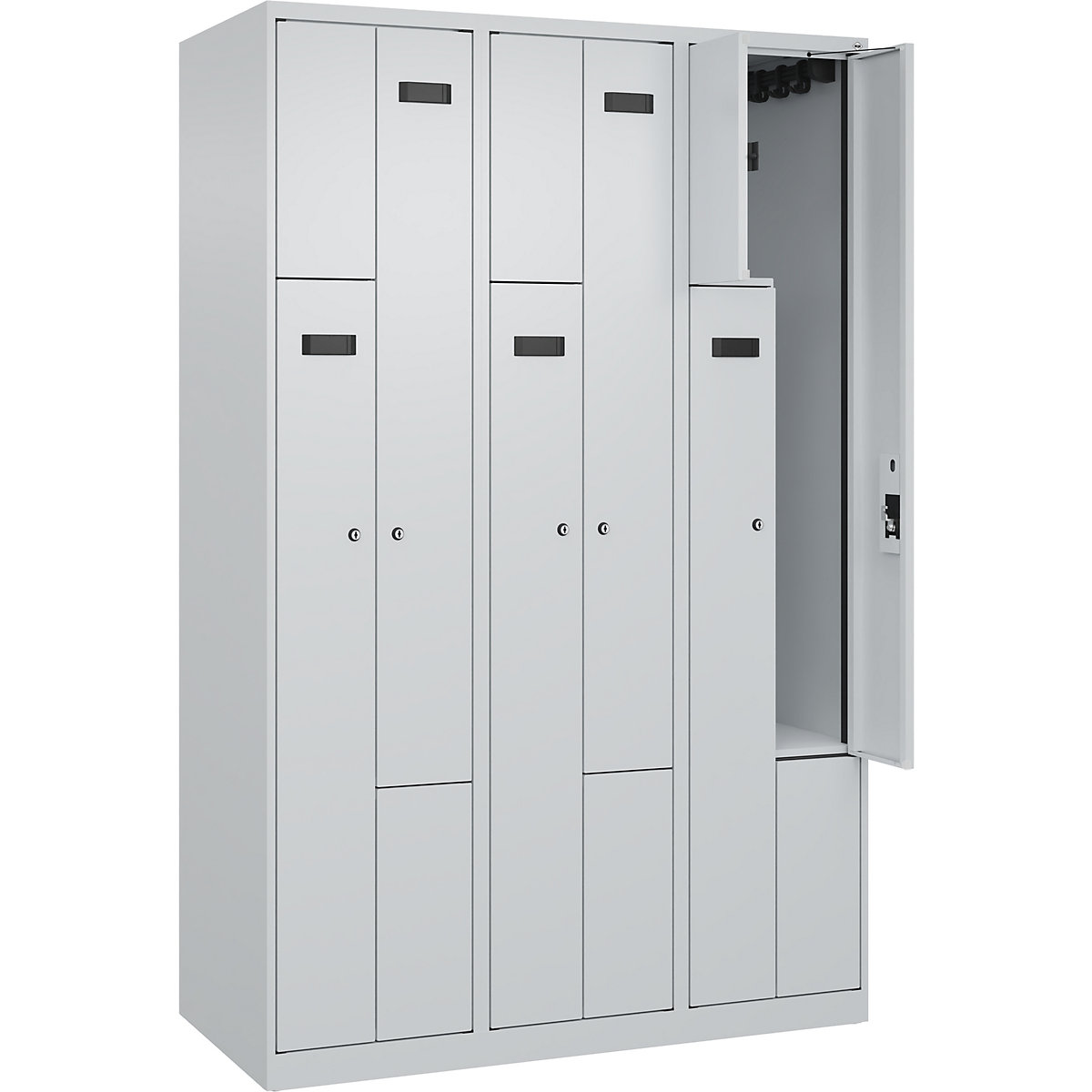 Vestiar Z Evolo PLUS, 3 module, gri deschis, lăț. 1200 mm, 6 compartimente, cu glisoare pentru podea, încuietoare cilindrică-0