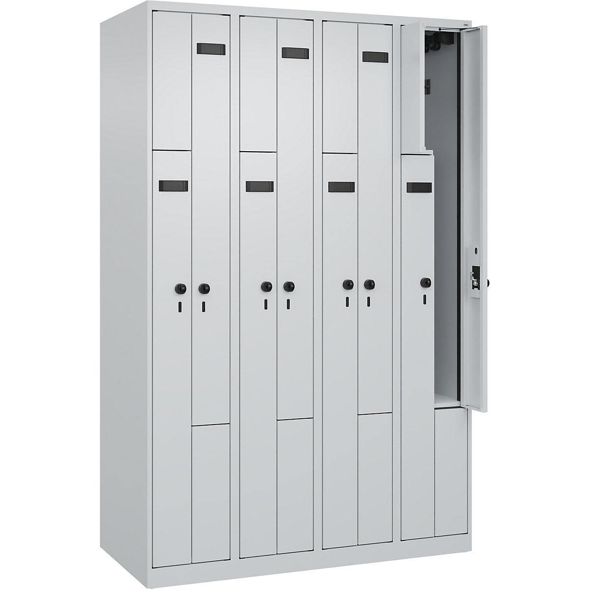 Vestiar Z Evolo PLUS, 4 module, gri deschis, lăț. 1200 mm, 8 compartimente, cu glisoare pentru podea, zăvor rotativ de siguranță-0
