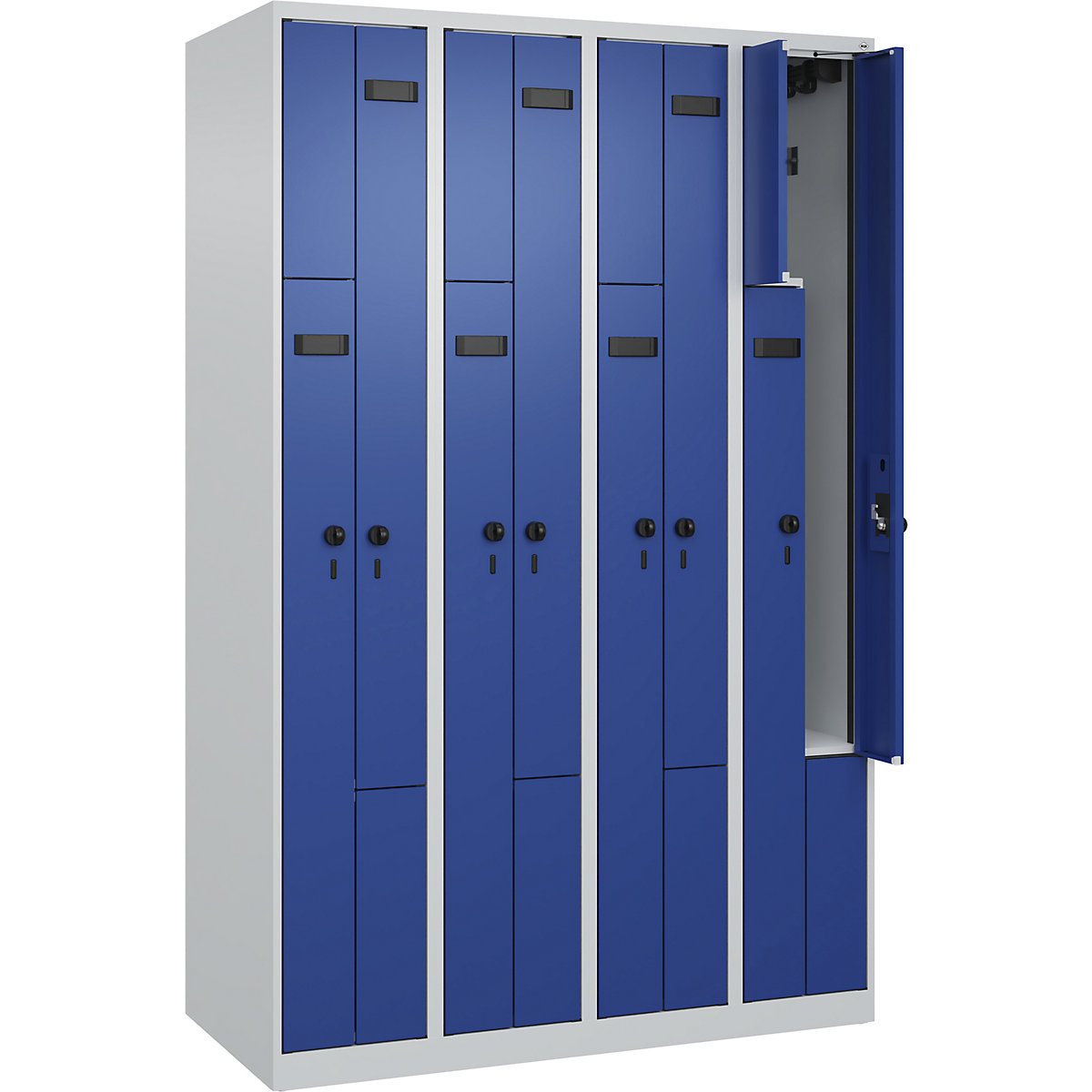 Vestiar Z Evolo PLUS, 4 module, gri deschis / albastru gențiană, lăț. 1200 mm, 8 compartimente, cu glisoare pentru podea, zăvor rotativ de siguranță-0