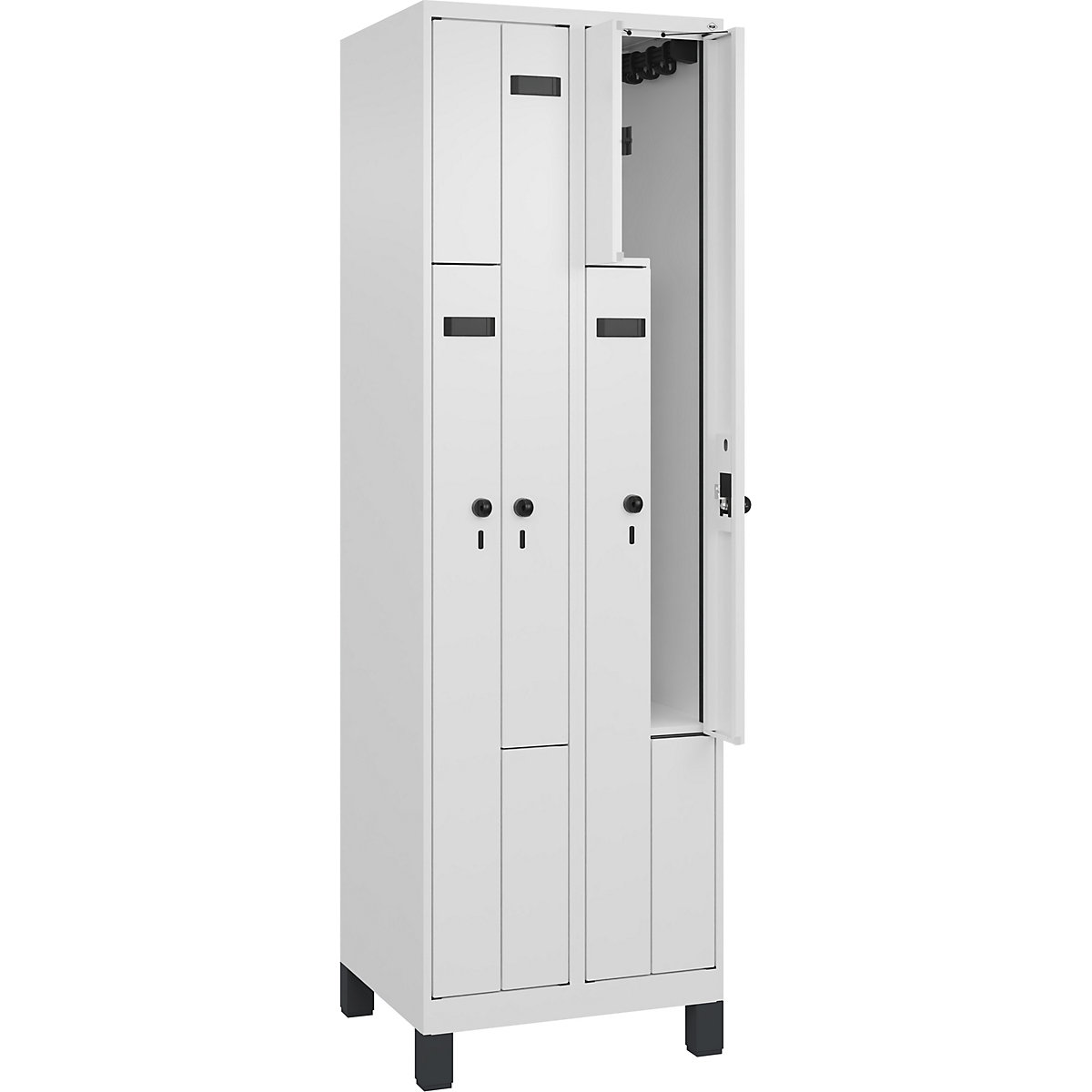 Vestiar Z Evolo PLUS, 2 module, alb, lăț. 600 mm, 4 compartimente, cu picioare late, zăvor rotativ de siguranță-0