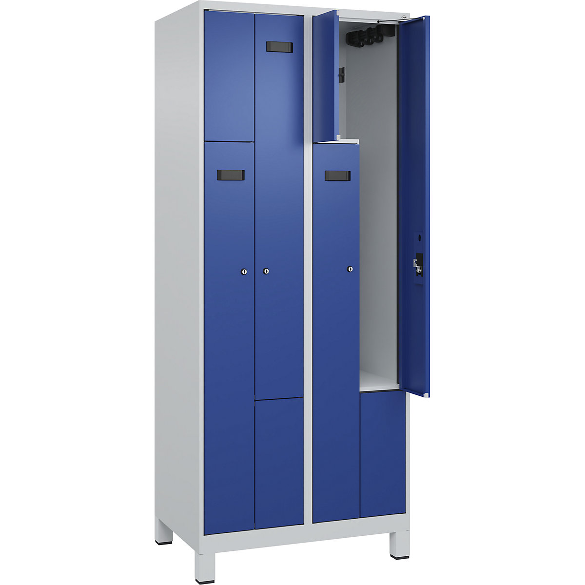 Vestiar Z Evolo PLUS, 2 module, gri deschis / albastru gențiană, lăț. 800 mm, 4 compartimente, cu picioare late, încuietoare cilindrică-0