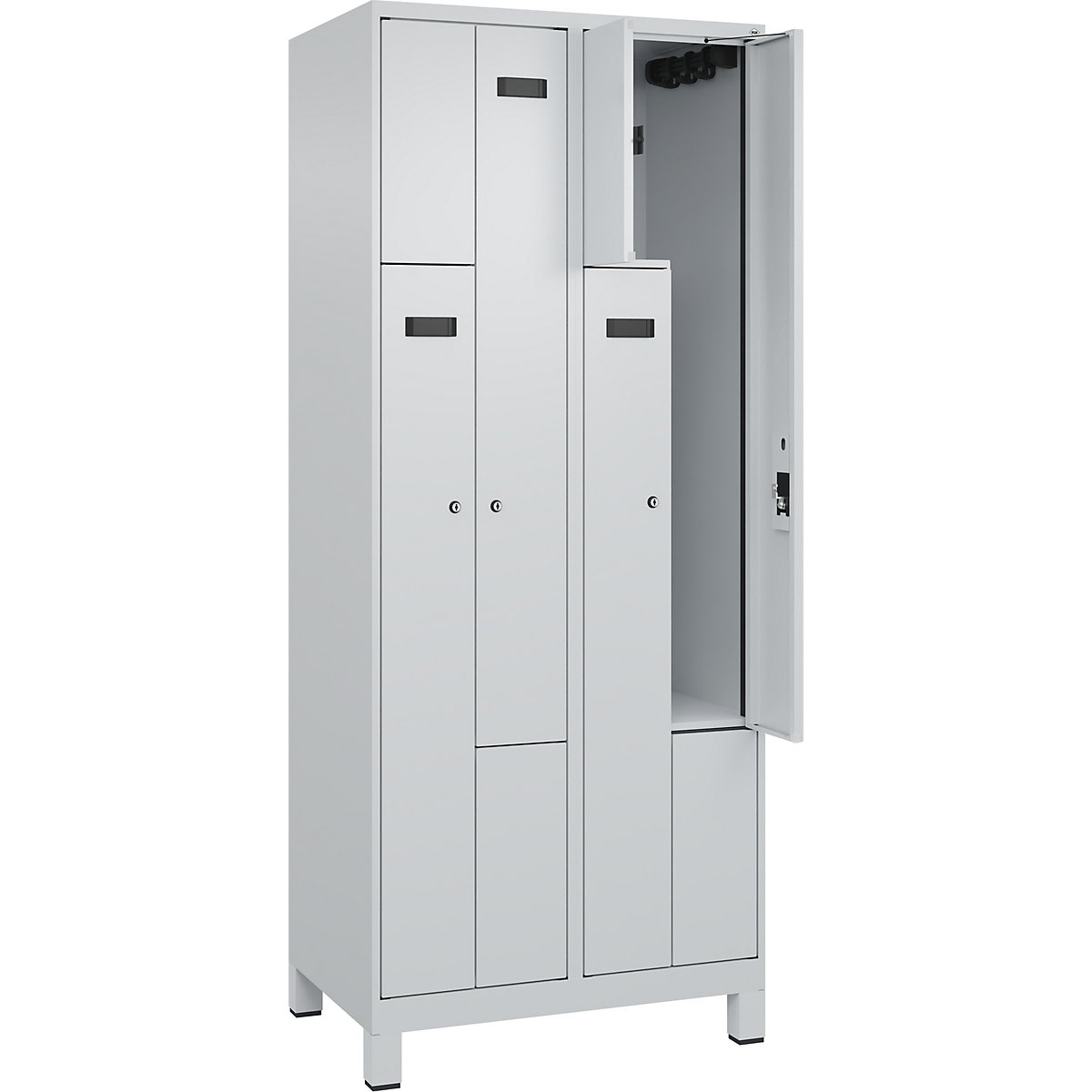Vestiar Z Evolo PLUS, 2 module, gri deschis, lăț. 800 mm, 4 compartimente, cu picioare late, încuietoare cilindrică-0