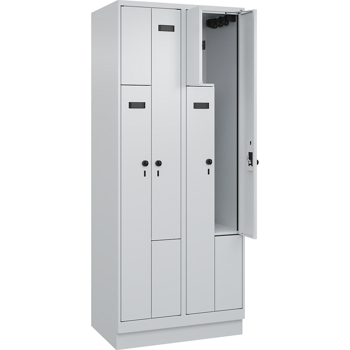 Vestiar Z Evolo PLUS, 2 module, gri deschis, lăț. 800 mm, 4 compartimente, cu soclu, zăvor rotativ de siguranță-0