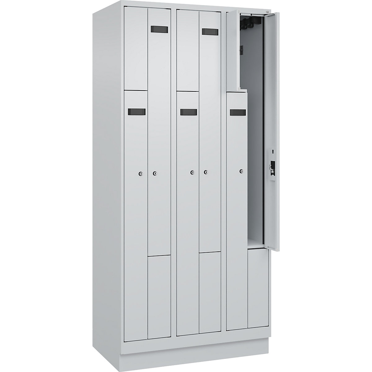 Vestiar Z Evolo PLUS, 3 module, gri deschis, lăț. 900 mm, 6 compartimente, cu soclu, încuietoare cilindrică-0