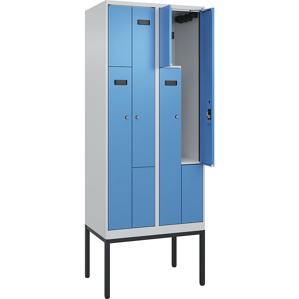 Vestiar Z Evolo PLUS, 2 module, gri deschis / albastru deschis, lăț. 800 mm, 4 compartimente, cu picioare înguste, încuietoare cilindrică-0