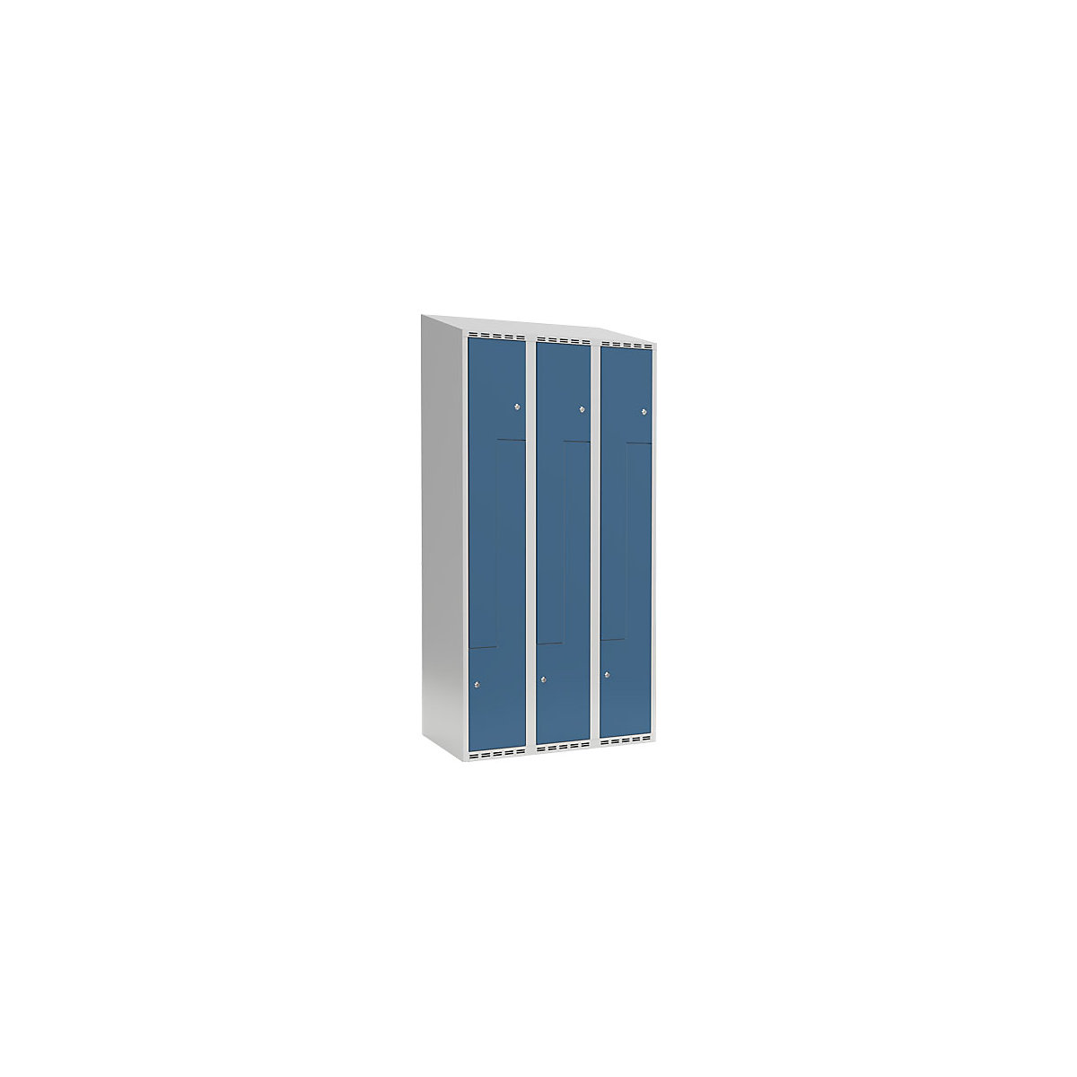 Vestiar Z Fydor, 3 module, gri deschis / albastru briliant, lăț. 900 mm, 3 module, acoperiș cu formă înclinată, încuietoare cilindrică-0